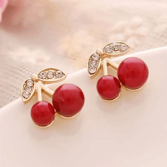 Diamond Cherry Stud Earrings - Picture 2 of 6